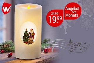 Weihnachtszauber – LED-Echtwachskerze mit Winterszene und Spieluhr