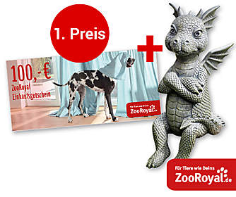 1. Preis: Ein 100.- € ZooRoyal-Gutschein + Deko-Drache "Lucky" 1. Preis: Ein 100.- € ZooRoyal-Gutschein + Deko-Drache "Lucky"
