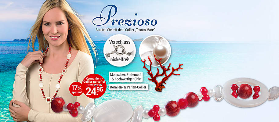 #Neu! Edelstein-Collier Edition
Setzen Sie mit der Edelstein-Collier Edition Prezioso **modische Akzente** und entdecken Sie zeitlose **Eleganz**. Edelsteine wie **Perlen, Amethyste, Korallen, Achate, Tigerauge oder Onyx** verleihen Ihnen den besonderen Chic. Details wie Abstandhalter in Blütenform oder hochwertige Silberverschlüsse geben jedem Collier ein wertvolles Finish. Die Colliers der Edition Prezioso haben modische Längen von 26 cm - 45 cm.
So sind Sie für jeden Anlass und jedes Kleidungsstück bestens ausgestattet.
**Starten Sie jetzt mit dem Korallen- und Perlen-Collier „Tesoro Mare“**
Das einzigartige Form- und Farbenspiel aus roter Koralle, weißen Zuchtperlen und großflächigen Perlmuttrundungen und einem aufwändigen Komfort-Verschluss macht dieses Collier zu Ihrem modischen Begleiter.
**Gerade im Sommer ein toller Hingucker!** **Sensationell günstiger Preis!**
{{ button href="/weltbild-editionen/schoenes-wertvolles/prezioso/bestellen" text="Jetzt bestellen"}}