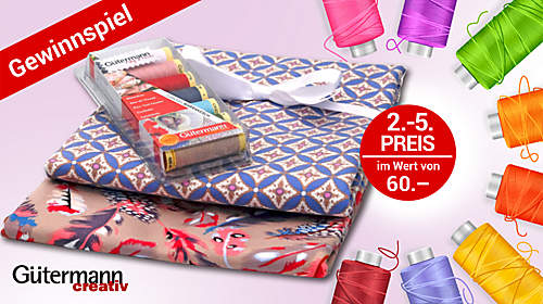 2. - 5. Preis: Je ein Jersey-Stoffpaket + Nähgarn-Set von Gütermann im Wert von je ca. 60.- € 2. - 5. Preis: Je ein Jersey-Stoffpaket + Nähgarn-Set von Gütermann im Wert von je ca. 60.- €