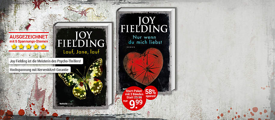 #Atemberaubend und abgründig
In Ihren Psycho-Thrillern erweist sich Joy Fielding als Kennerin der Abgründe, die in menschlichen Beziehungen lauern. Sie spielt meisterhaft mit unseren geheimsten Erwartungen und tiefsten Ängsten und garantiert perfekte Spannung.
**Exklusive Autoren-Edition in hochwertiger Ausstattung**.
**Starten Sie mit „Nur wenn du mich liebst“ “**
Unzertrennliche Freundinnen sind vier junge Mütter, die auf ein Leben voller Glück und Zufriedenheit blicken. Doch ihre Träume werden immer mehr von der brutalen Realität eingeholt, bis schließlich das Unfassbare geschieht und eine von ihnen grausam ermordet wird …
**Entdecken Sie auch den zweiten Band "Lauf, Jane, Lauf" aus Ihrem exklusiven Start-Paket! **
{{ button href="/weltbild-editionen/romane-dokumentationen/joy-fielding/bestellen" text="Jetzt bestellen"}} {{ button href="https://www.weltbild.de/news/downloads/Leseprobe_Joy_Fielding.pdf" text="Zur Leseprobe" }}