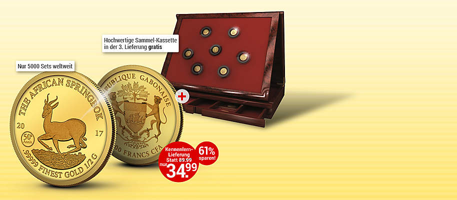 # Goldmünzen-Klassiker in exklusiver Präsentation!
1967 begann die Erfolgsgeschichte des Springbock-Motivs auf der meistverkauften Gold-Anlagemünze der Welt, dem südafrikanischen Krügerrand. Diese exklusive Münze ehrt den Klassiker auf einzigartige Art und Weise: in reinstem .99999 Gold! **Die Jubiläumsmünze ist auch deshalb besonders, weil sie 2017 zum 50. Jahrestag des inzwischen zum Mythos aufgestiegenen Springbock-Motivs erschienen ist.** Mit einer Auflage von lediglich 25.000 Exemplaren ist der Jubiläums-Springbock 2017 jedoch streng limitiert. Greifen Sie darum gleich zu und holen Sie sich den Springbock in reinstem Gold in Ihre Sammlung - mehrwertsteuer- und versandkostenfrei! Eine wunderbare Anlage-Variante, die Sie sich nicht entgehen lassen sollten! Im weiteren Verlauf Ihrer Sammlung erhalten Sie die edle Aufbewahrungskassette gratis dazu.
1.000 Francs CFA Gabun 2017, 0,5g .99999 Gold, ø = 11 mm, Jubiläumsstempel: 50th Anniversary (50. Jahrestag)
{{ button href="/weltbild-editionen/schoenes-wertvolles/goldmuenzen-klassiker/bestellen" text="Jetzt bestellen"}}