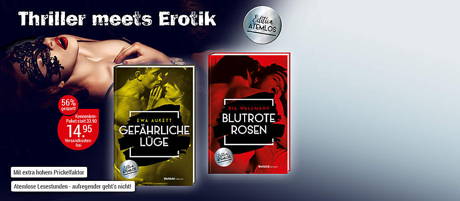 # Erotische Spannungsromane
Aufregende Erotik-Thriller sorgen nicht nur für sinnliche sondern auch für spannungsreiche Momente. Geniessen Sie Leidenschaft und Nervenkitzel - mit ausgewählten Titeln von Top-Autorinnen in hochwertiger Ausstattung.
**Starten Sie mit „Blutrote Rosen“ von Ria Wallmann **
Die Psychologin Nora Jacobi berät die Polizei bei der Jagd nach einem gefährlichen Serienmörder. Dabei wird Nora mit ihrer eigenen Vergangenheit konfrontiert. Der Leiter der Sonderkommission ist der Mann, der sie vor Jahren in einen Strudel der Leidenschaft riss. Nun gerät Nora erneut in den Sog ihrer erotischen Sehnsüchte, und auch die Angst holt sie ein: Wer hinterlässt ihr Rosen und flüstert ihr am Telefon Zärtlichkeiten ins Ohr?
**Entdecken Sie auch den zweiten Band "Gefährliche Lüge“ von Ewa Aukett aus Ihrem Start-Paket! **
{{ button href="/weltbild-editionen/romane-dokumentationen/atemlos/bestellen" text="Jetzt bestellen"}} {{ button href="https://www.weltbild.de/news/downloads/Leseprobe_Edition-Atemlos.pdf" text="Zur Leseprobe" }}
