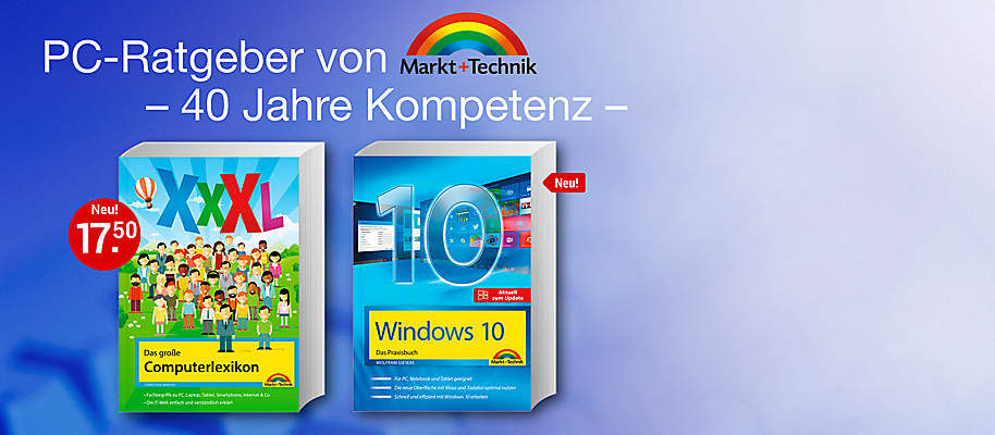 **Vertrauen Sie auf die Erfahrung eines führenden Fachbuch-Verlages - und profitieren Sie vom exzellenten Know-how der Markt & Technik-IT-Experten!**
Die überwiegend farbig illustrierten Ratgeber führen sicher und verständlich für jedermann durch alle Felder moderner Computer-Technik.
**Das große Computerlexikon ...**
präsentiert auf 700 Seiten:
• alle wichtigen Begriffe & Abkürzungen erklärt
• alles über Aufbau & Funktion von PC, Smartphone, Tablet
• das Internet, seine Möglichkeiten & Risiken u.v.m.
{{ button href="/artikel/buch/das-grosse-computerlexikon-xxxl-ueber-700-seiten-mit_21813719-1" text="Zum Buch"}}
**Das Praxisbuch Windows 10 ...** lässt auf mehr als 800 Seiten keine Frage unbeantwortet:
• Installation
• Umzug von vorherigen Windows-Versionen
• die neue Oberfläche optimal nutzen
• für PC, Notebook & Tablet
• Updates für Ihren Bedarf einrichten
• u.v.m.
{{ button href="/artikel/buch/windows-10-das-praxisbuch-mit-allen-neuheiten-und-updates_21842311-1" text="Zum Buch"}}