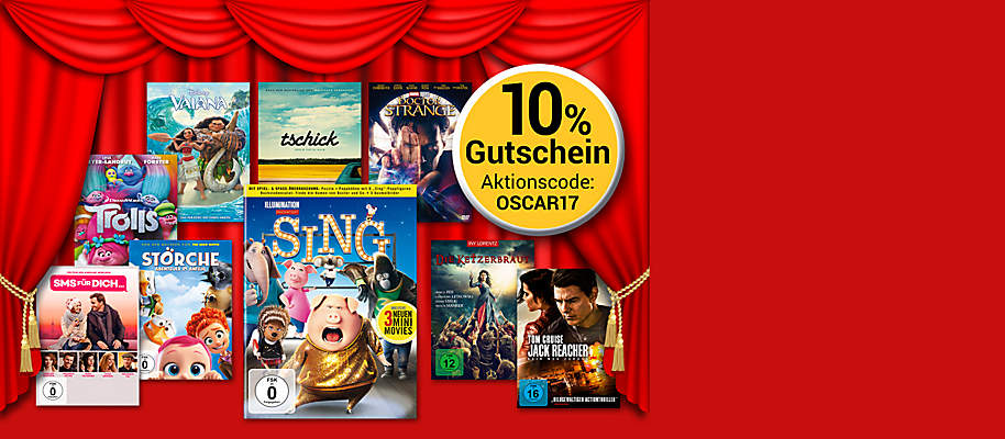 #Oscarreif: 10% Gutschein auf alle DVD und Blu-ray's!
Anlässlich der diesjährigen Oscar-Verleihung schenken wir Ihnen einen **10% Gutschein** auf **alle DVD und Blu-ray's!** Nutzen Sie die Chance und holen Sie sich ein Stück Hollywood in Ihr Wohnzimmer!
Sichern Sie sich jetzt Ihren Film-Favoriten auf **DVD oder Blu-ray** und Sie erhalten **10% Rabatt** mit unserem Gutschein!
**Die Aktion gilt nur bis 26.02. - schnell sein lohnt sich!**
###Ihr Gutscheincode: OSCAR17###
**So einfach lösen Sie den Gutschein ein:**
1. Legen Sie einen oder mehrere Filme in den Warenkorb.
2. Geben Sie den Gutscheincode im Feld "Aktionsgutschein einlösen" im Warenkorb ein und schliessen Sie Ihre Bestellung ab. Fertig!