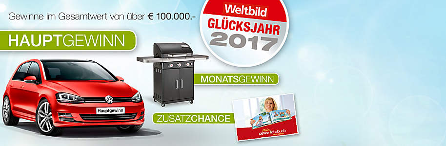 ##Glücksjahr 2017: Gewinne im Gesamtwert von über 100.000.- €!##
Machen Sie jetzt mit und nutzen Sie Ihre Chance auf tolle Gewinne in Ihrem Glücksjahr 2017: Als Hauptpreis erwartet Sie ein nigel-nagelneuer VW Golf.
Außerdem können Sie nur diesen Monat einen von drei Landmann Gasgrills gewinnen! Bei unserer Zusatz- chance gibt es dieses Mal 5.- € Gutscheine von Weltbild Fotoservice.
{{ button href="/themenwelten/gewinnspiel/gluecksjahr" text="Mehr Infos zum Glücksjahr"}}