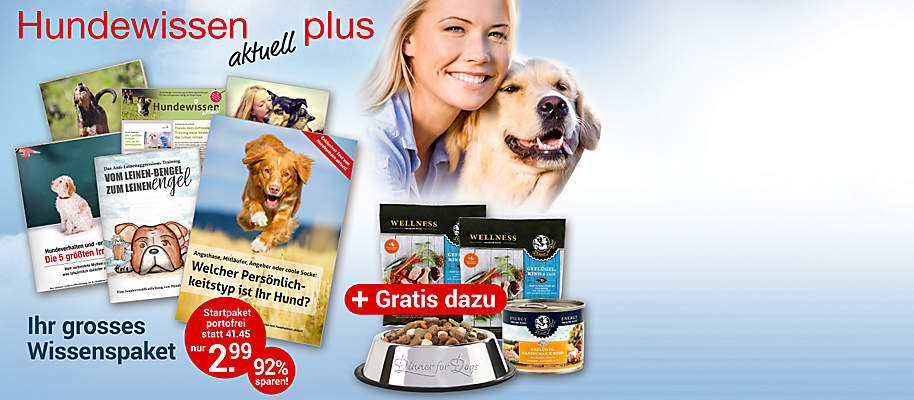#Hundewissen *aktuell* plus
Der Ratgeber gibt zuverlässige Orientierung im Dschungel der 1.000 Meinungen. „**Hundewissen aktuell plus**“ liefert Antworten auf alle Fragen zu Erziehung, Pflege, Ernährung und Haltung. Von der richtigen Futtermenge bis zum Erkennen von Krankheiten und zur Ersten Hilfe finden Sie alles, was wichtig ist.
**Starten Sie mit dem Wissens-Paket (6-teilig) mit Hunde-Futternapf und Hundefutter GRATIS**
##Ihr großes Start-Paket enthält:
* Startausgabe "Hundewissen aktuell" mit den besten Themen in einem Heft
* 5 exklusive Sonderhefte, u. a. "Die 5 größten Irrtümer im Hundeverhalten und bei der Hunde-Erziehung" (24 Seiten), "So stoppen Sie das Dauerbellen Ihres Hundes" (24 Seiten), "Vom Leinen-Bengel zum Leinen-Engel" (32 Seiten)
* **Plus** Edelstahl-Futternapf von "Dinner for dogs"
* **Plus** 1 x Nassfutter und 2 x Trockenfutter von "Dinner for dogs"
**Gesamtwert: € 41.45 für Sie nur € 2.99 portofrei**
{{ button href="/weltbild-editionen/hobby-praxiswissen/hundewissen/bestellen" text="Jetzt bestellen"}}
