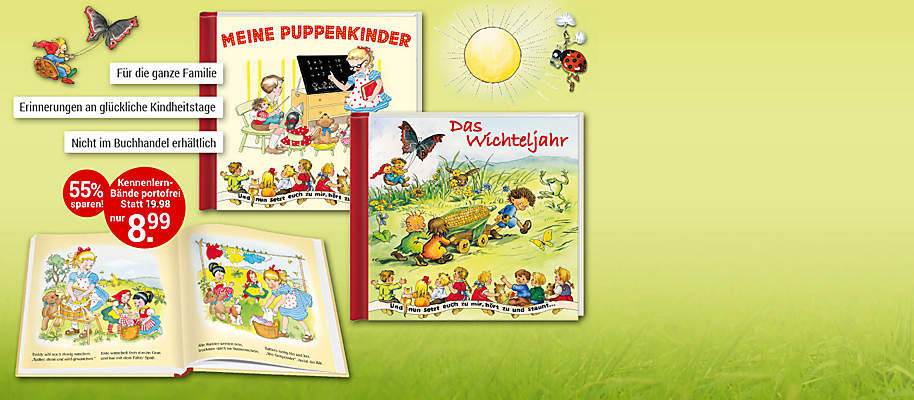 #Zauberhaft illustrierte "Nostalgische Bilderbuch-Klassiker"
Lassen Sie Ihre schönsten Erinnerungen aus glücklichen Kindertagen wieder lebendig werden und teilen Sie mit Ihren Kindern oder Enkelkindern ein Stück der schönen, heilen Welt von damals.
**Starten Sie mit den beiden Bänden „Das Wichteljahr“ und „Meine Puppenkinder“**
Liebevoll illustriert und kindergerecht geschrieben sind die Bilderbücher hervorragend geeignet zum Vorlesen und zum gemeinsamen Anschauen: „Und nun setzt euch zu mir, hört zu und staunt …“
**Hier erscheinen die Bilderbuch-Klassiker in hochwertiger Ausstattung in einer exklusiven Edition.**
{{ button href="/weltbild-editionen/kinderwelt/nostalgische-bilderbuch-klassiker/bestellen" text="Jetzt bestellen"}}